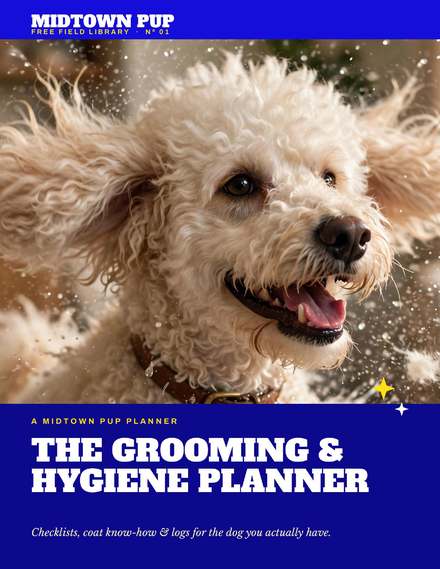 Cover of The Grooming & Hygiene Planner: a curly cream doodle shaking off water under a blue MIDTOWN PUP masthead, with the title in a dark blue block.